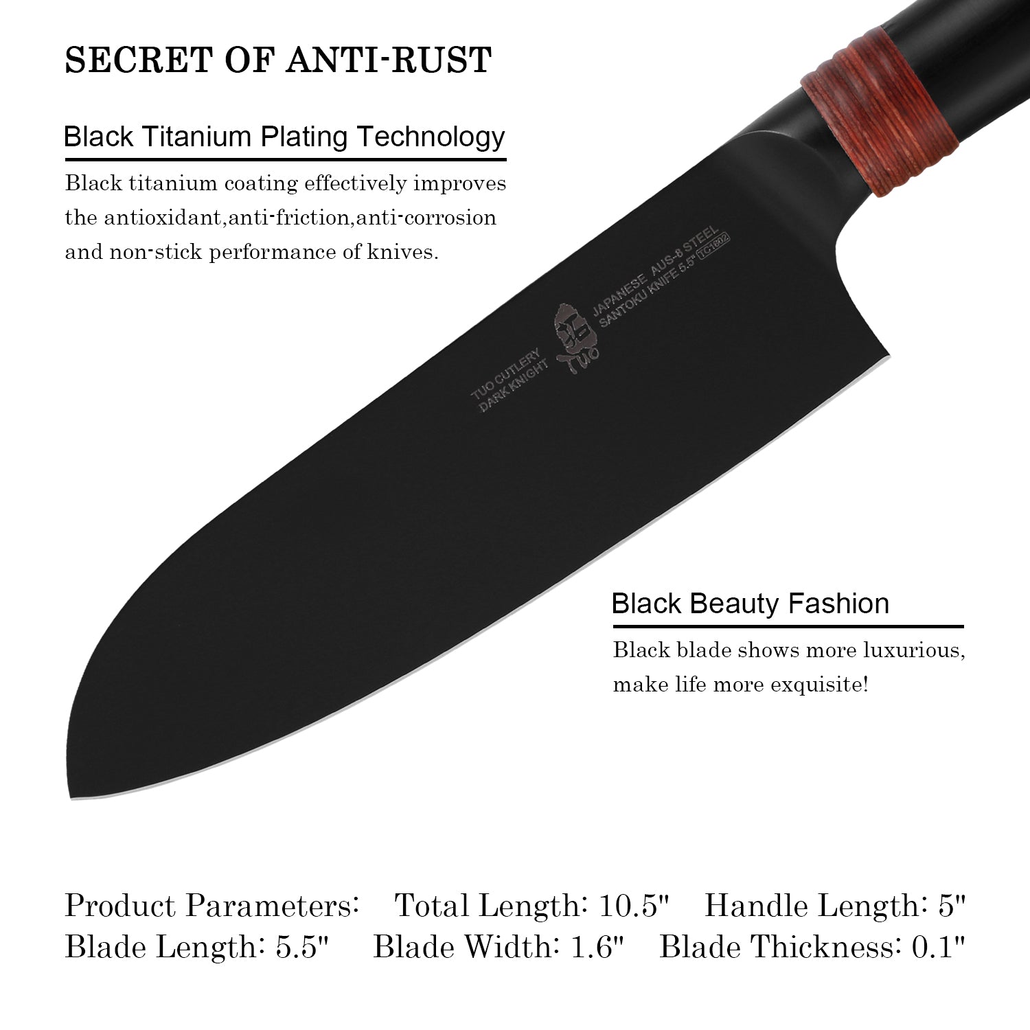 TC1602 Santoku 5.5''-Asian Chef Knife Hollow Ground Edge with Black Titanium Plated Blade-TUO Cutlery