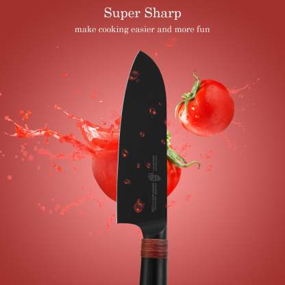 TC1602 Santoku 5.5''-Asian Chef Knife Hollow Ground Edge with Black Titanium Plated Blade-TUO Cutlery