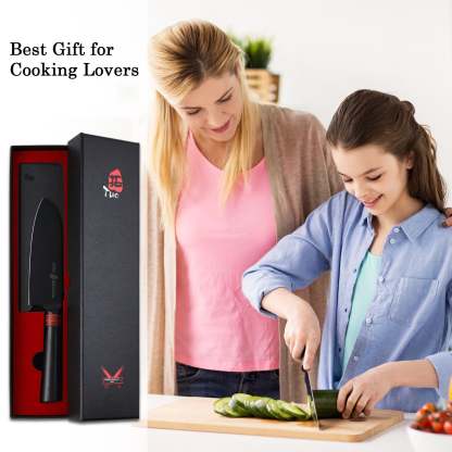 TC1602 Santoku 5.5''-Asian Chef Knife Hollow Ground Edge with Black Titanium Plated Blade-TUO Cutlery