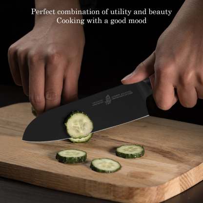 TC1602 Santoku 5.5''-Asian Chef Knife Hollow Ground Edge with Black Titanium Plated Blade-TUO Cutlery