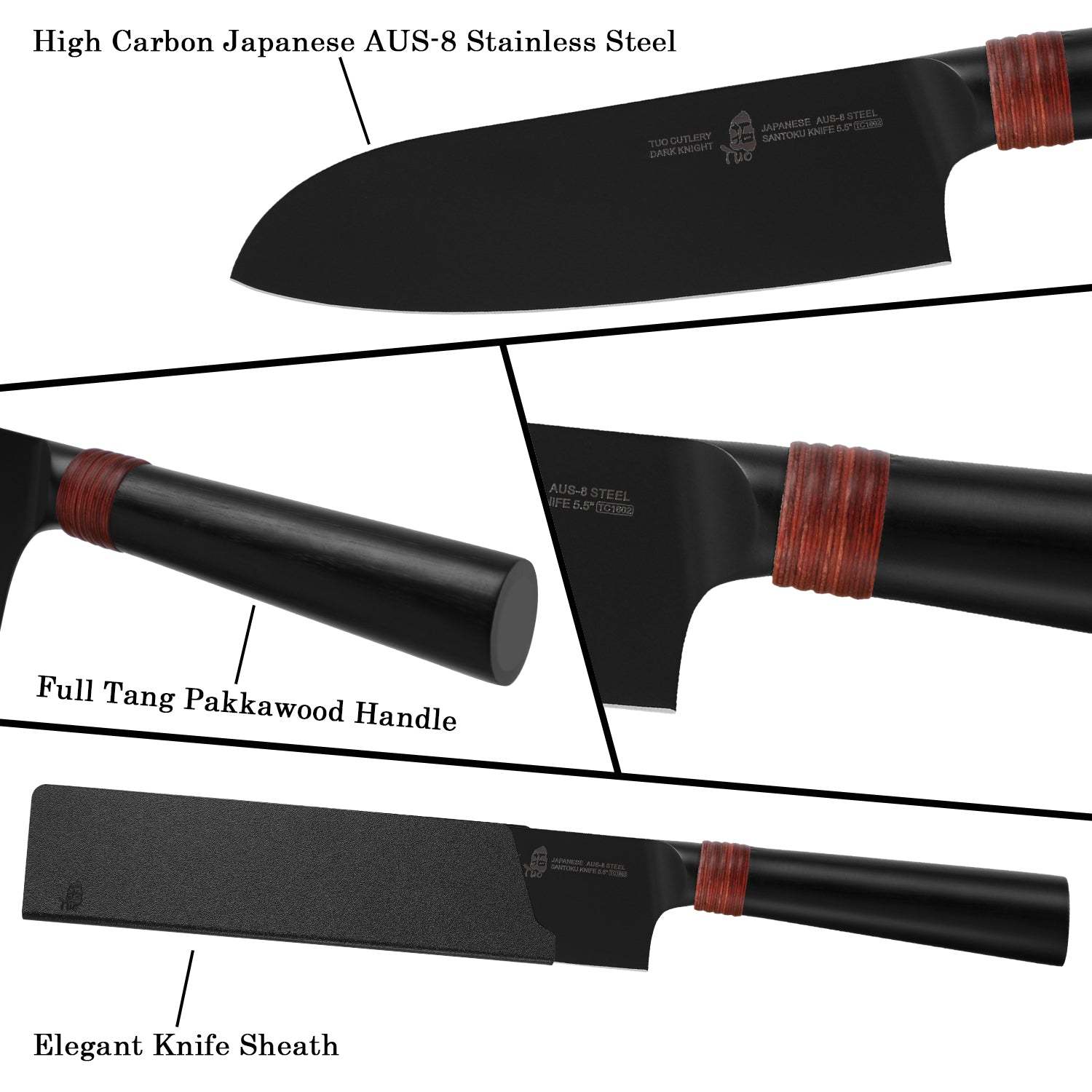 TC1602 Santoku 5.5''-Asian Chef Knife Hollow Ground Edge with Black Titanium Plated Blade-TUO Cutlery