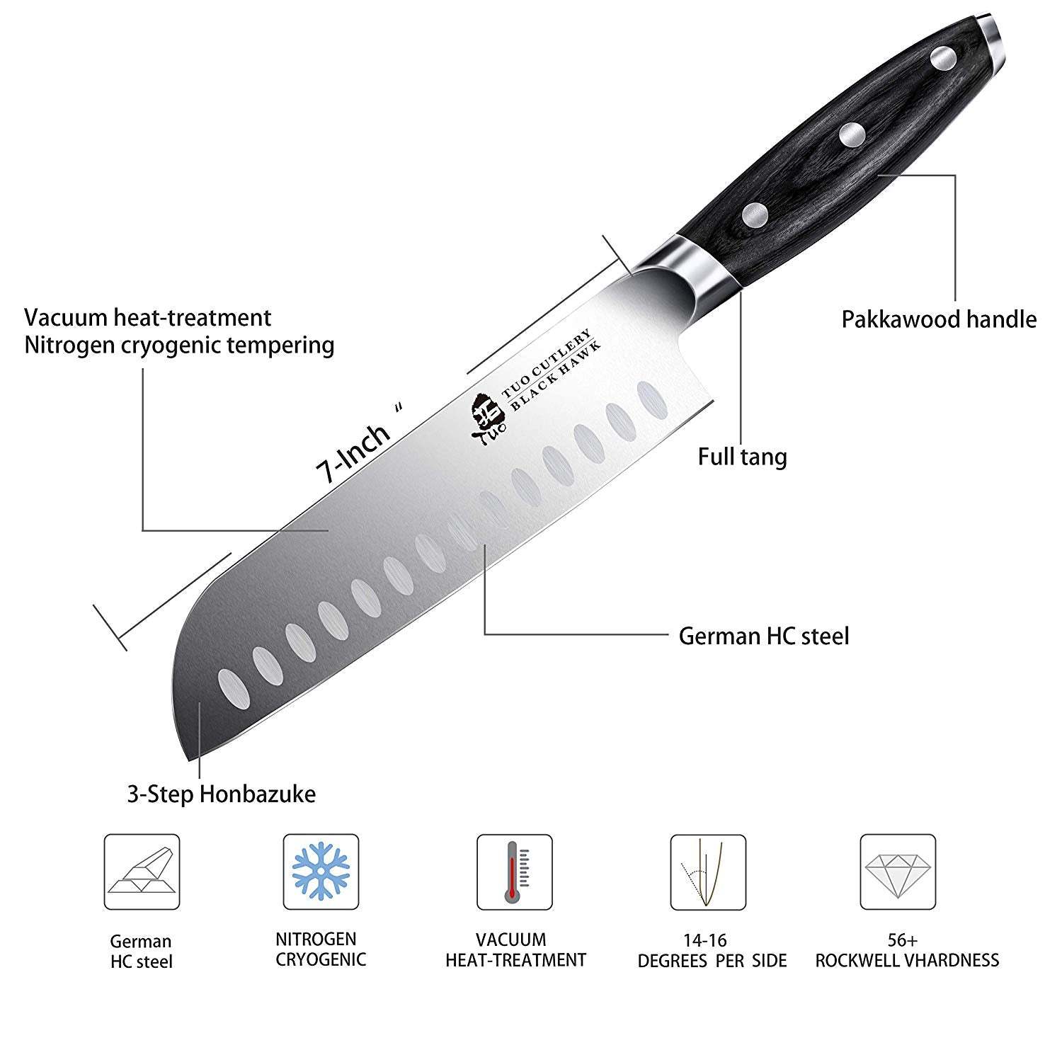 TCT1206 Santoku 7"-Ultra Sharp Asian Knife Japanese Chefs Knives - German HC Steel-TUO Cutlery