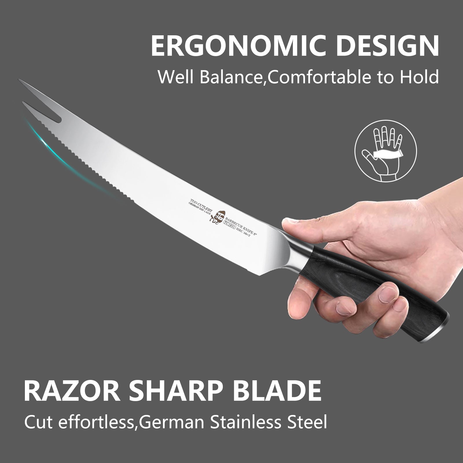 TC1931 Barbecue 8''-Serrated Meat Carving Knife Roast Knife & Fork Tip-TUO Cutlery