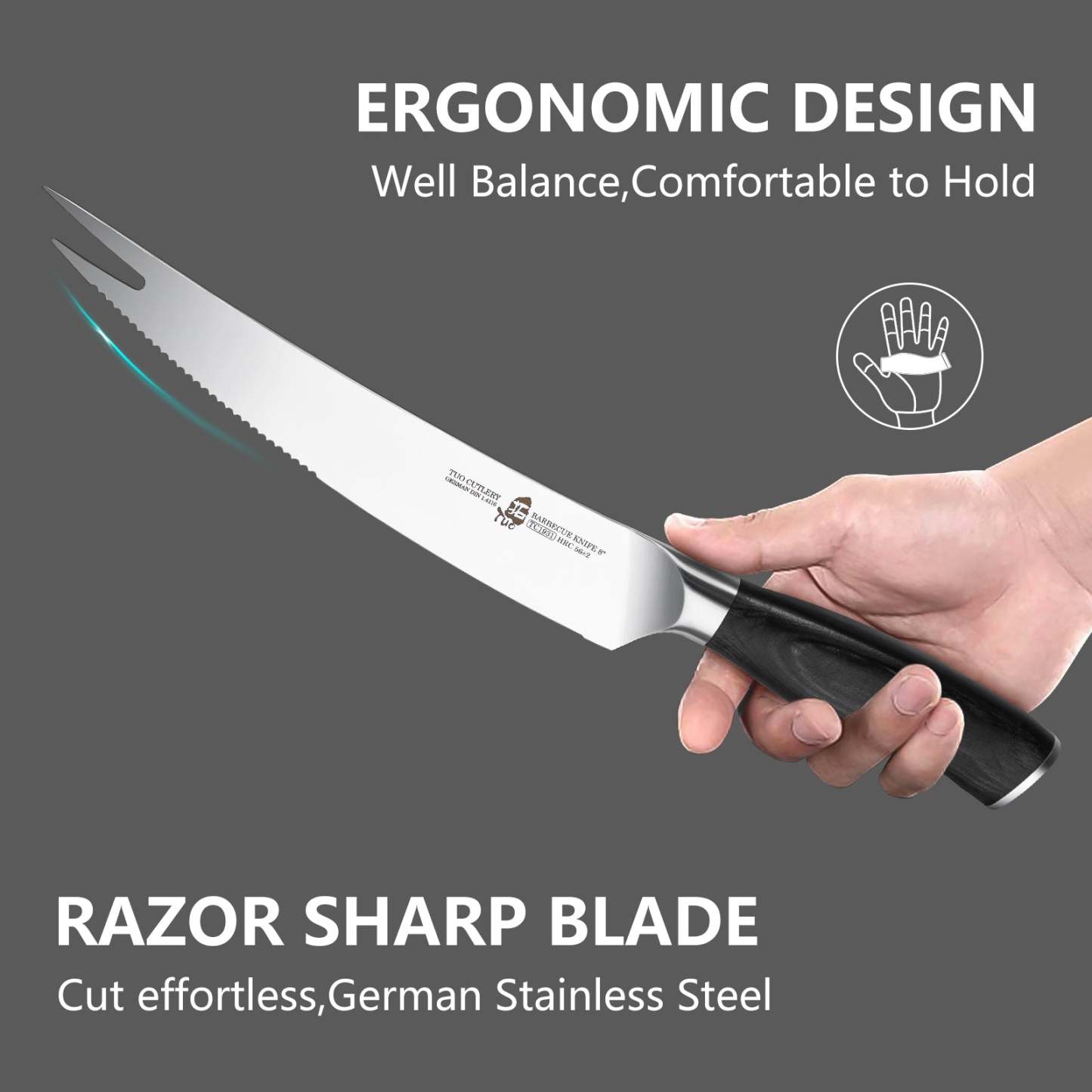 TC1931 Barbecue 8''-Serrated Meat Carving Knife Roast Knife & Fork Tip-TUO Cutlery