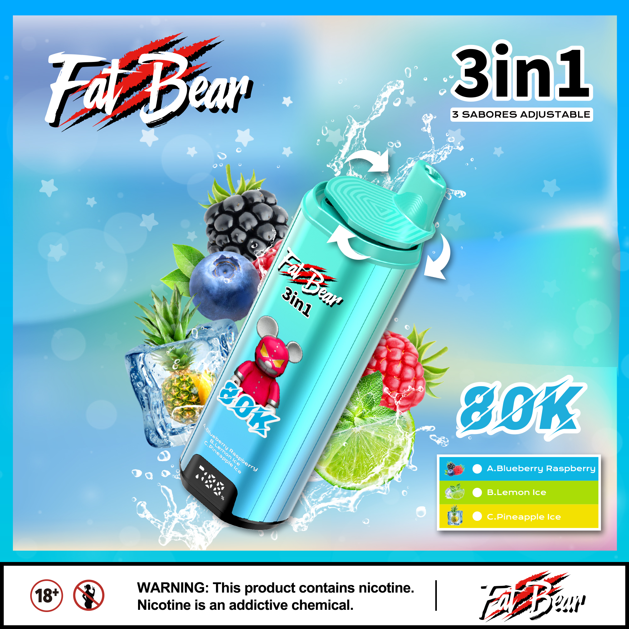 EU Hot Sale Fat Bear 80000 Puffs 3 in 1 Vaper Disposable Electronic Cigarette Vape Pen Rechargeable