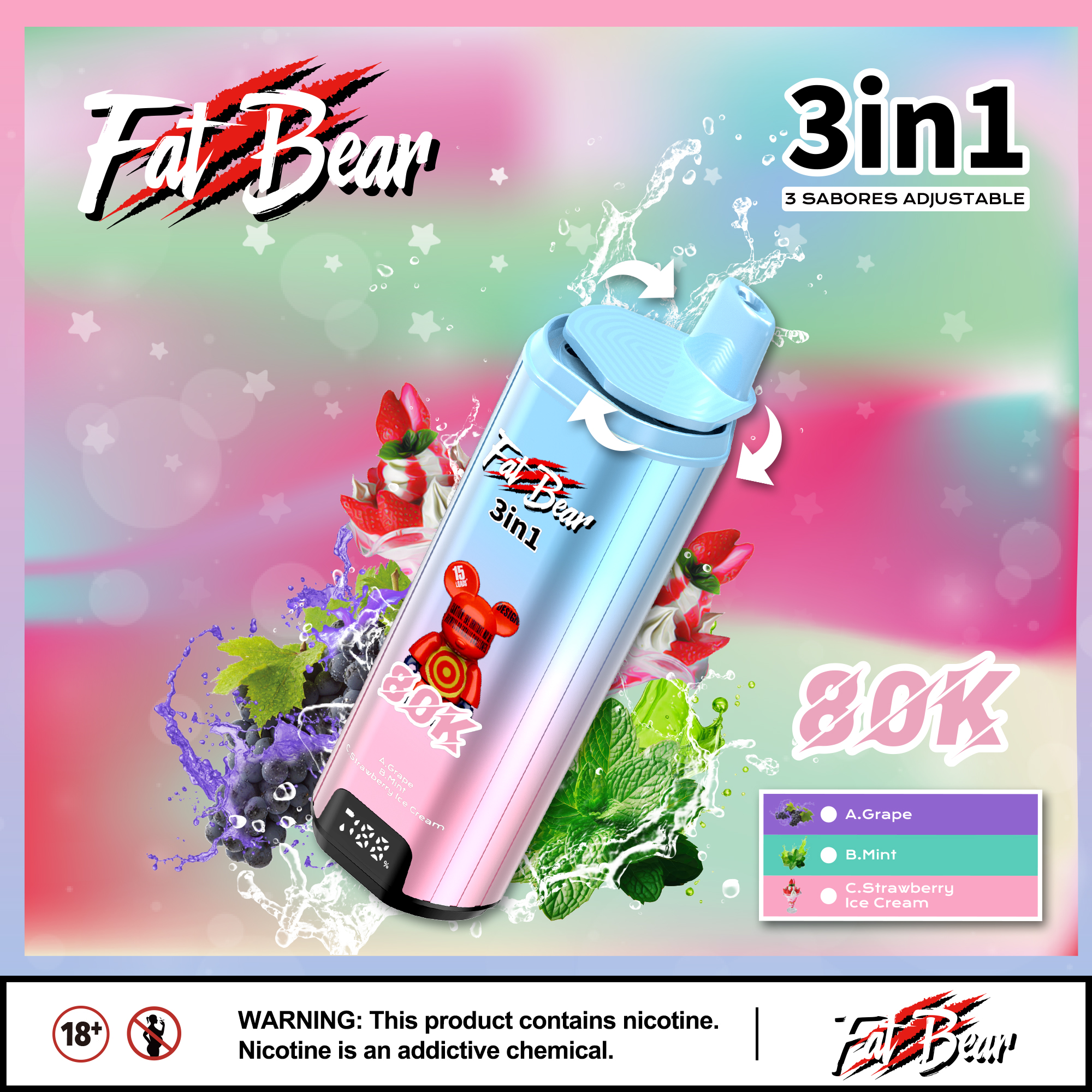 EU Hot Sale Fat Bear 80000 Puffs 3 in 1 Vaper Disposable Electronic Cigarette Vape Pen Rechargeable