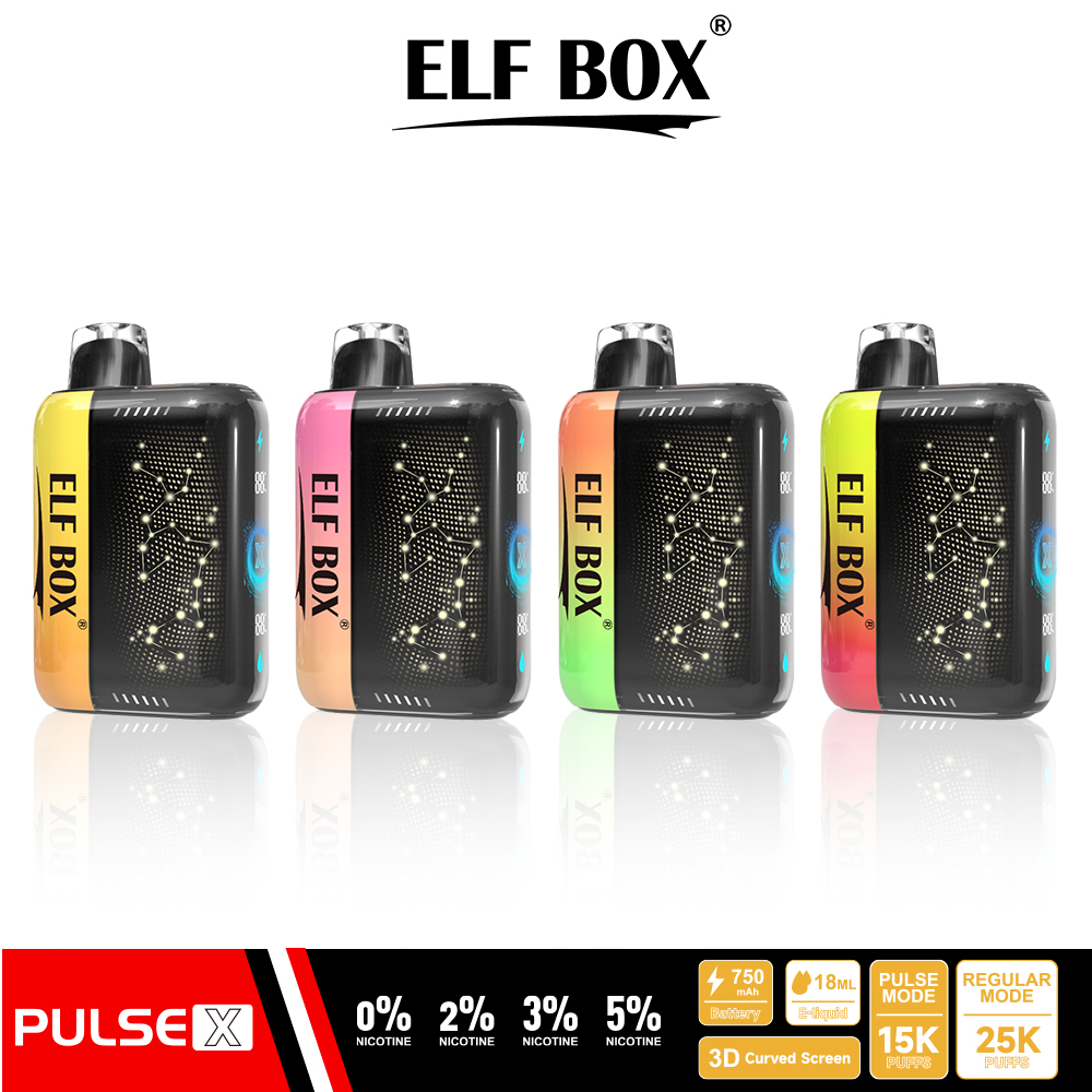 ELF BOX 25000 25K PUFFS PULSE X 0% 2% 3% 5% 3D CURVED LED SCREEN RECHARGEABLE VAPE PEN