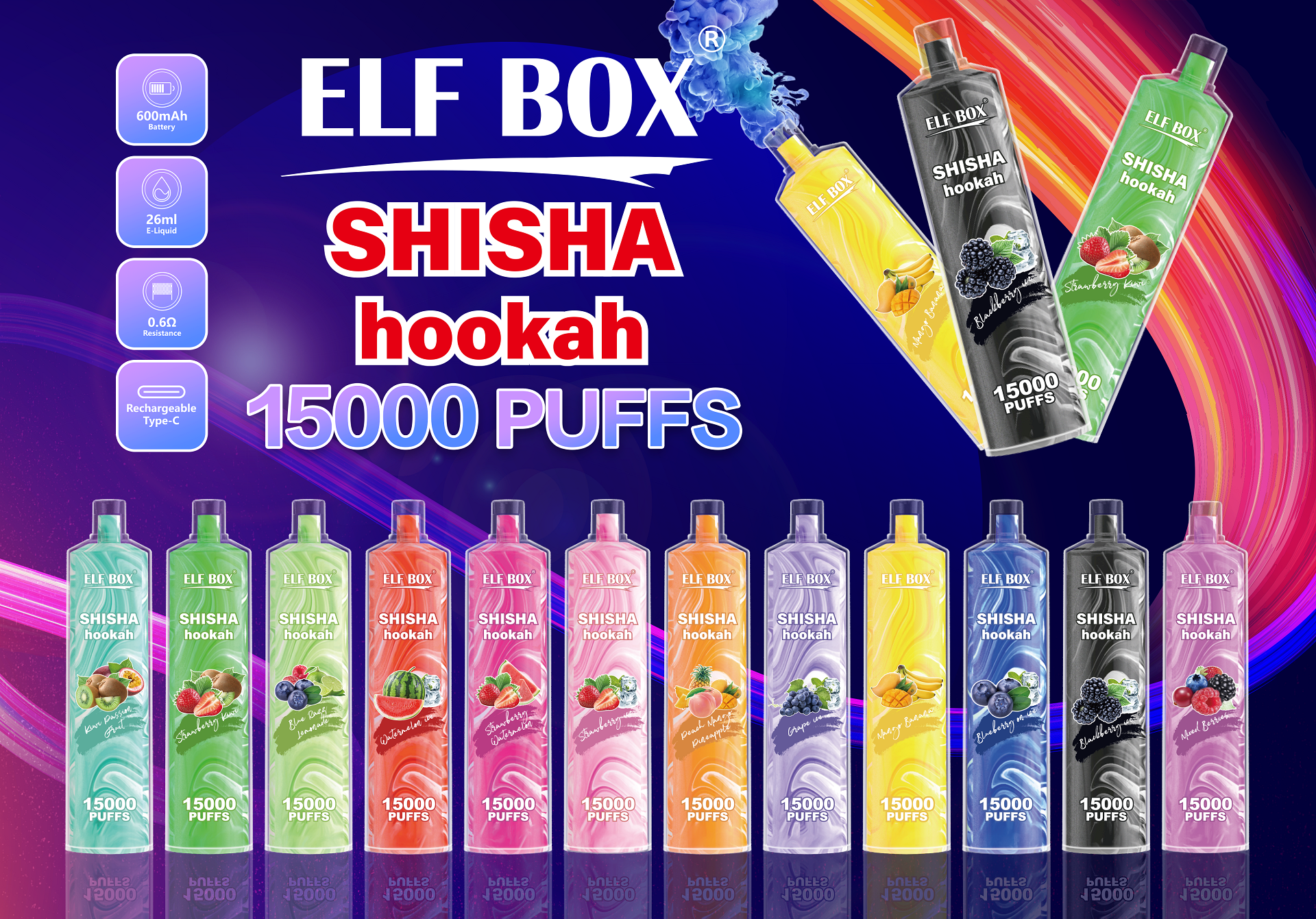 ELF BOX 15000 15K PUFFS SHISHA HOOKAH 0% 2% 5% NICOTINE RECHARGEABLE DISPOSABLE VAPE