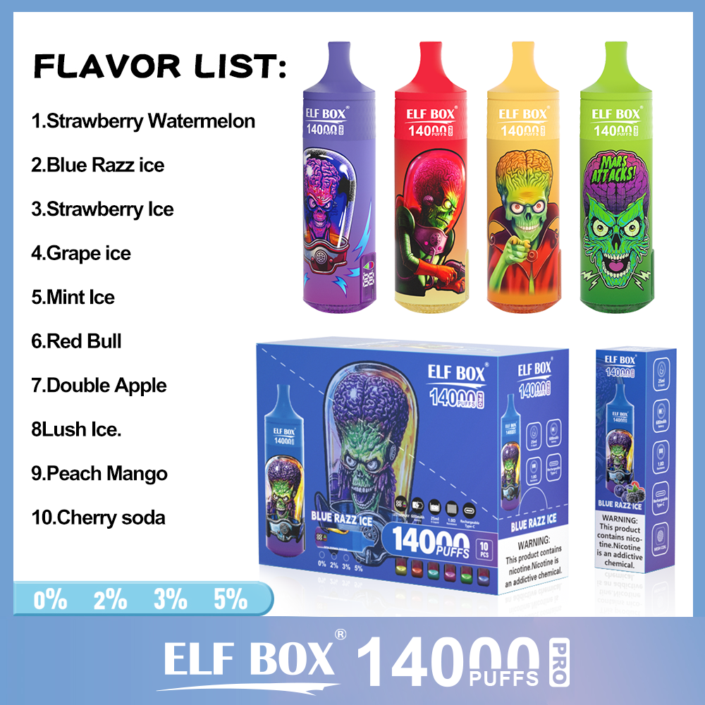 ELF BOX 14000 14K PUFFS PRO RGB PUFFS 0% 2% 3% 5% NICOTINE RECHARGEABLE DISPOSABLE VAPE