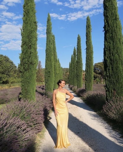 Open Satin Silk Back One Shoulder Backless Maxi Dress