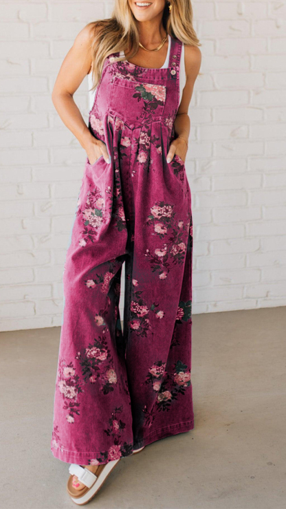 Printed Pocket Casual Denim Overalls
