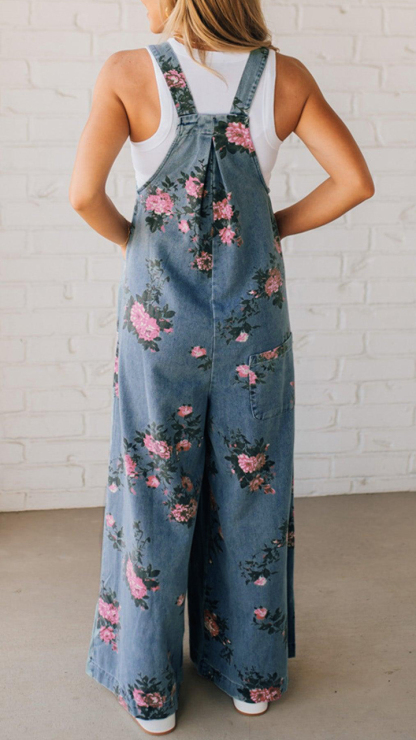 Printed Pocket Casual Denim Overalls