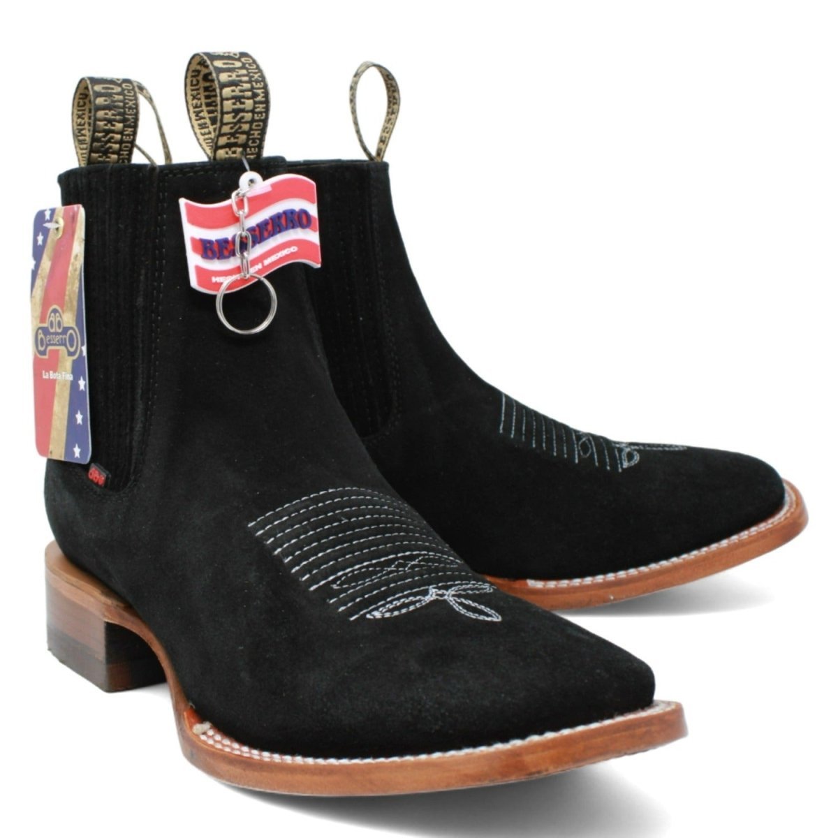 Genuine Suede Ankle Booties Square Toe Black Color