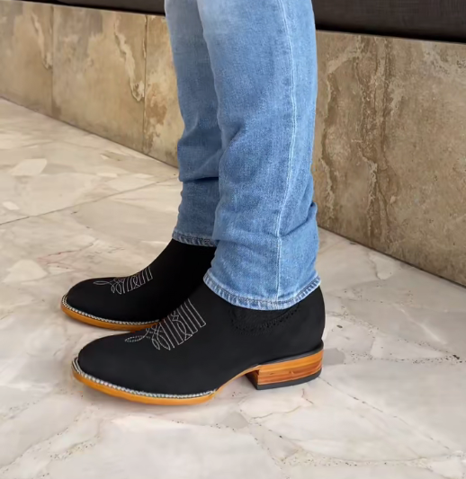 Genuine Suede Ankle Booties Square Toe Black Color