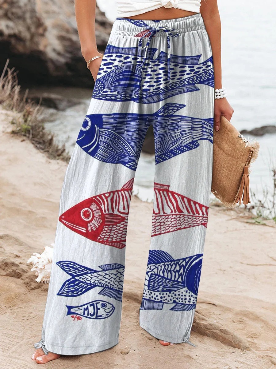 Women's Vintage Fish Art Printed Cotton And Linen Casual Pants