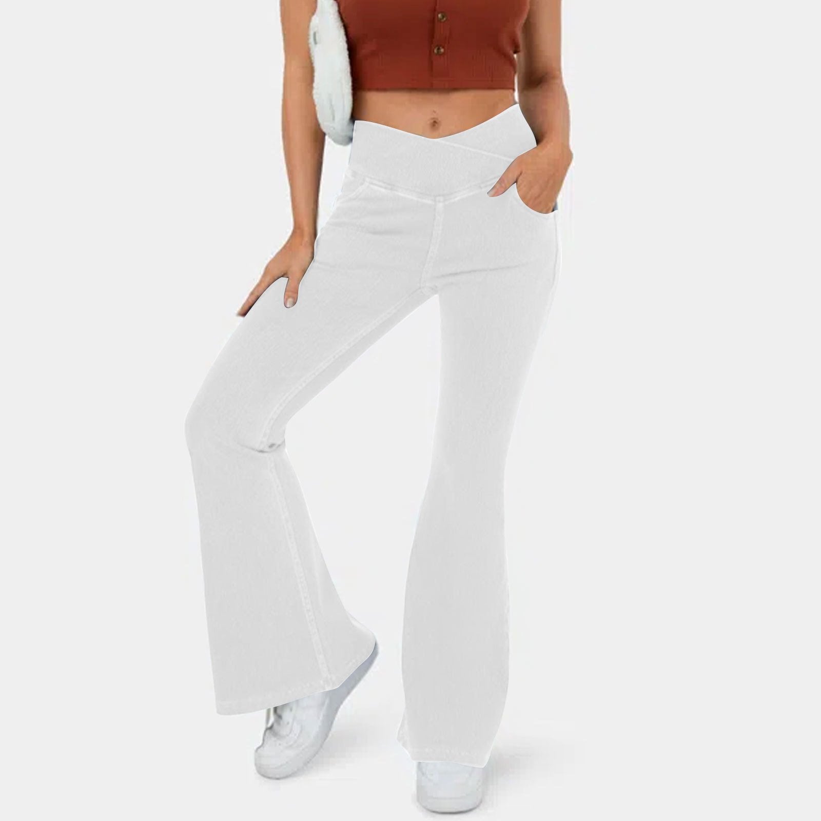 Stretchy Denim High Waisted Crossover Flare Pants 
