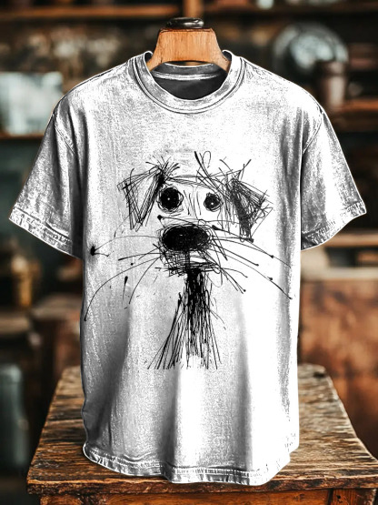 Cartoon scribble dog Vintage Print Casual T-shirt