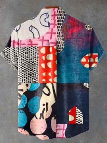Vintage Ethnic Geometric Abstract Mushroom Lattice Art Print Casual 100% Cotton Shirt