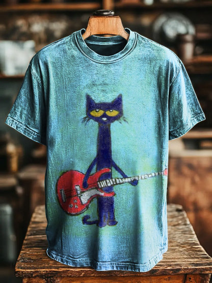 Retro Guitar Cat Art Print Casual Short Sleeve T-shirt