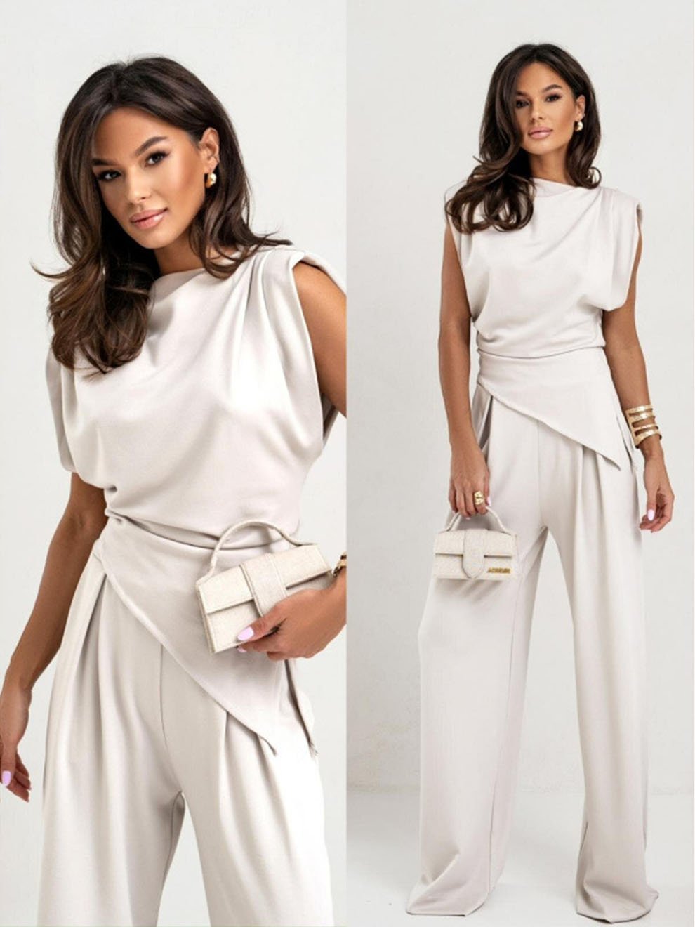 Women's Round Neck Pleated Sleeveless Casual Suit
