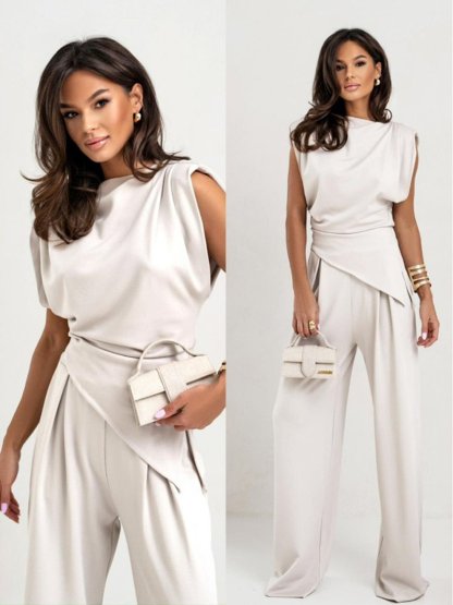 Women's Round Neck Pleated Sleeveless Casual Suit