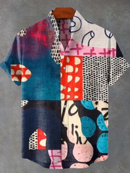 Vintage Ethnic Geometric Abstract Mushroom Lattice Art Print Casual 100% Cotton Shirt