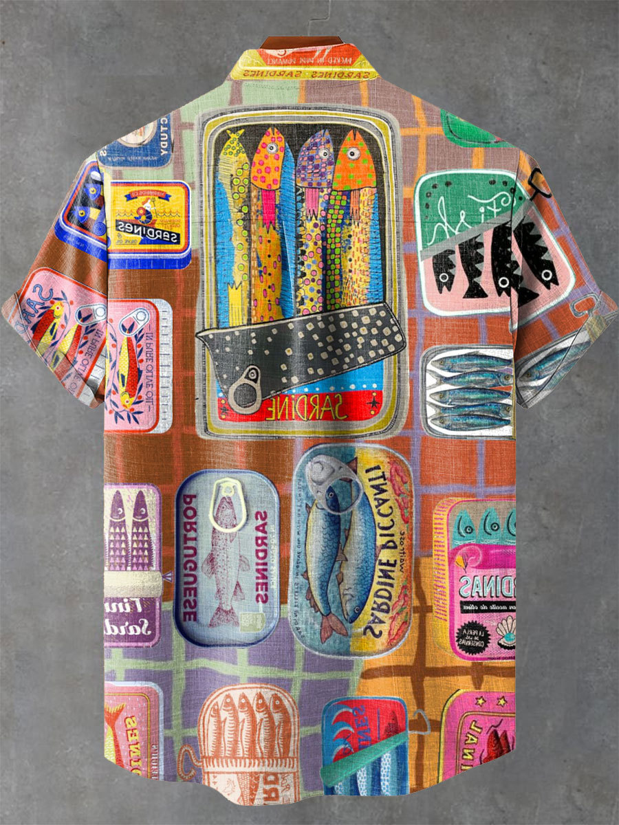 Fish Sardines Canned Art Vintage Print Casual 100% Cotton Shirt