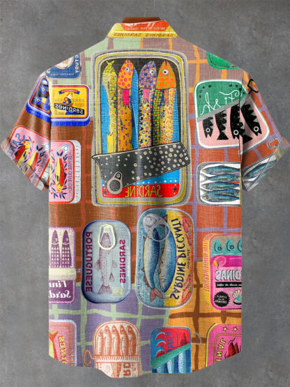 Fish Sardines Canned Art Vintage Print Casual 100% Cotton Shirt