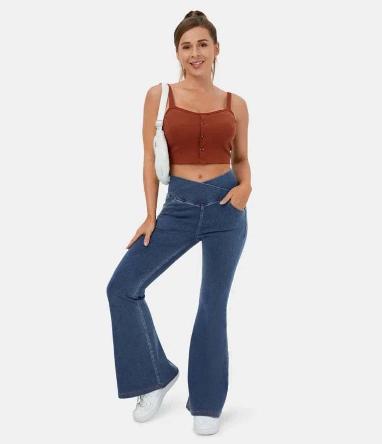 Stretchy Denim High Waisted Crossover Flare Pants 