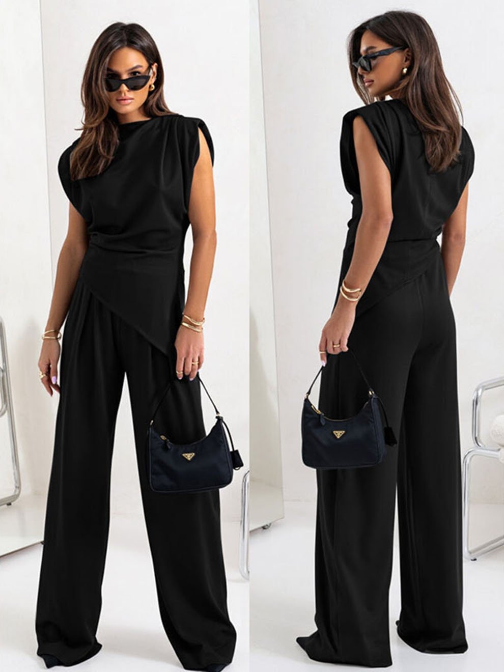 Women's Round Neck Pleated Sleeveless Casual Suit