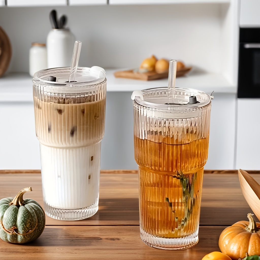 2pcs Ins Style Large Capacity Straw Cup with Lid Vertical Striped Coffee Cup Beverage Fruit Tea Cup 600Ml/20Oz, Used for Drinking Ice Water Coffee Fruit Tea Etc., Suitable for Daily Household, Parties, Cafes, Restaurants, Etc.