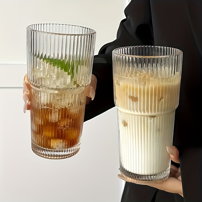 2pcs Ins Style Large Capacity Straw Cup with Lid Vertical Striped Coffee Cup Beverage Fruit Tea Cup 600Ml/20Oz, Used for Drinking Ice Water Coffee Fruit Tea Etc., Suitable for Daily Household, Parties, Cafes, Restaurants, Etc.