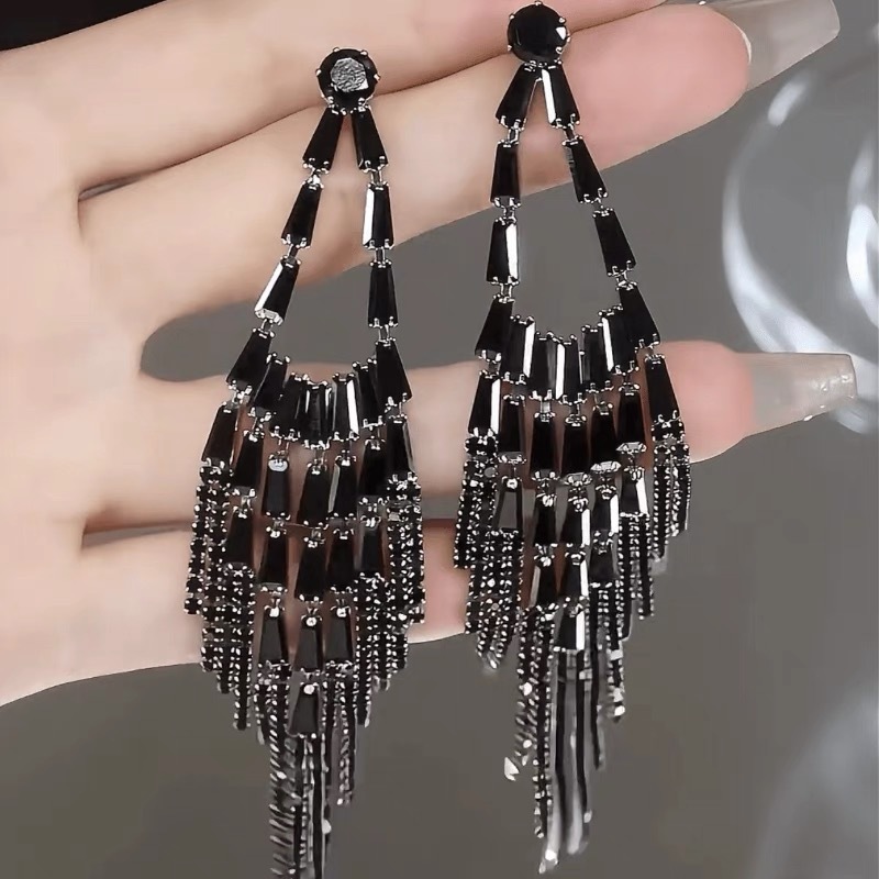 Long black zircon tassel earrings