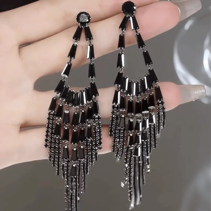 Long black zircon tassel earrings