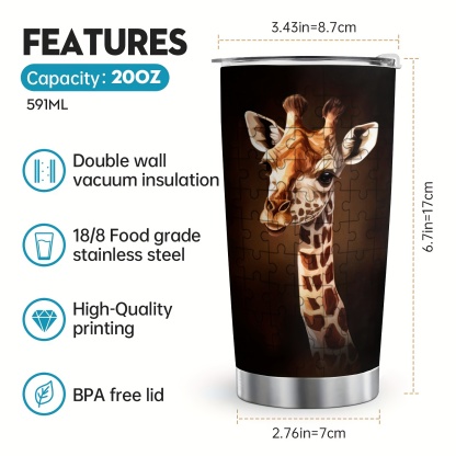 1pc Premium Giraffe Insulated Tumbler Cup - 20oz Stainless Steel Vacuum Flask with Lid, Double-Wall Insulation, Durable, Leak-Proof, Travel-Friendly Coffee Mug & Tea Cup for Hot and Cold Beverages