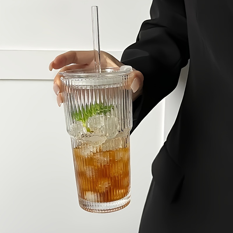 2pcs Ins Style Large Capacity Straw Cup with Lid Vertical Striped Coffee Cup Beverage Fruit Tea Cup 600Ml/20Oz, Used for Drinking Ice Water Coffee Fruit Tea Etc., Suitable for Daily Household, Parties, Cafes, Restaurants, Etc.