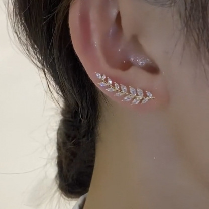 Light luxury zircon wheat ear one-piece earrings niche design super flash leaf earrings temperament versatile earrings