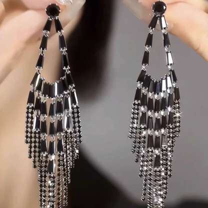 Long black zircon tassel earrings