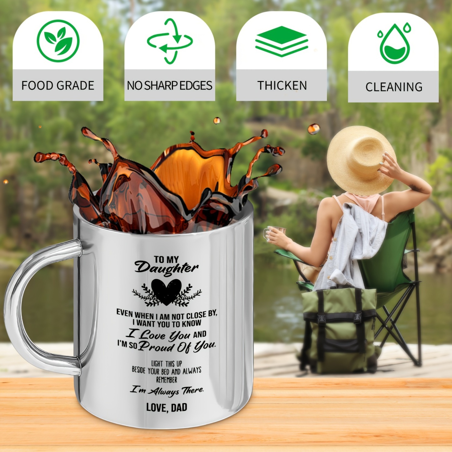 To My Daughter Stainless Steel Mug 10oz - Reusable Hand Wash Only Coffee Cup with Handle, Insulated Beverage Tumbler for Hot and Cold Drinks, BPA Free, Recyclable, Ideal Gift for Adult Daughter from Dad for Birthday, Christmas and More - 1pc