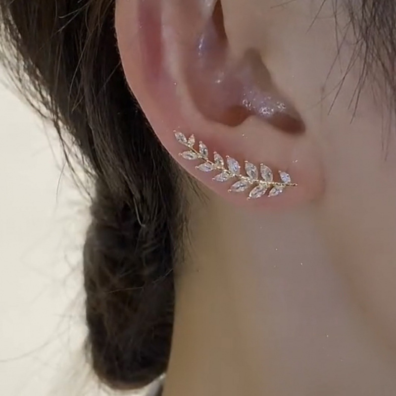 Light luxury zircon wheat ear one-piece earrings niche design super flash leaf earrings temperament versatile earrings