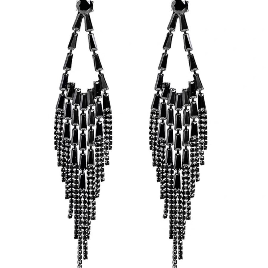Long black zircon tassel earrings