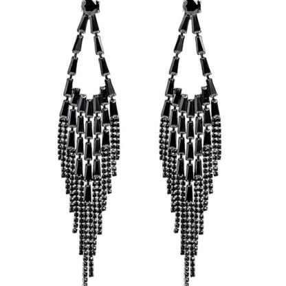 Long black zircon tassel earrings