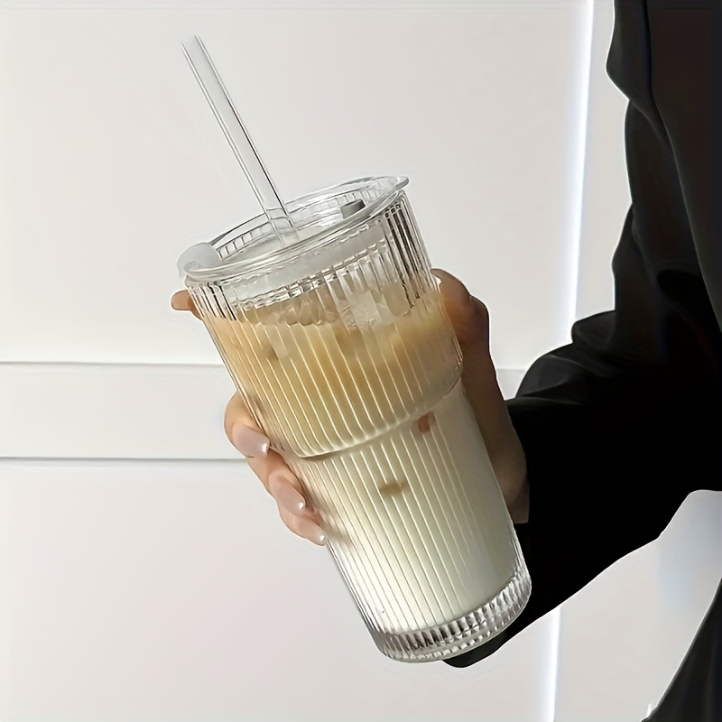2pcs Ins Style Large Capacity Straw Cup with Lid Vertical Striped Coffee Cup Beverage Fruit Tea Cup 600Ml/20Oz, Used for Drinking Ice Water Coffee Fruit Tea Etc., Suitable for Daily Household, Parties, Cafes, Restaurants, Etc.