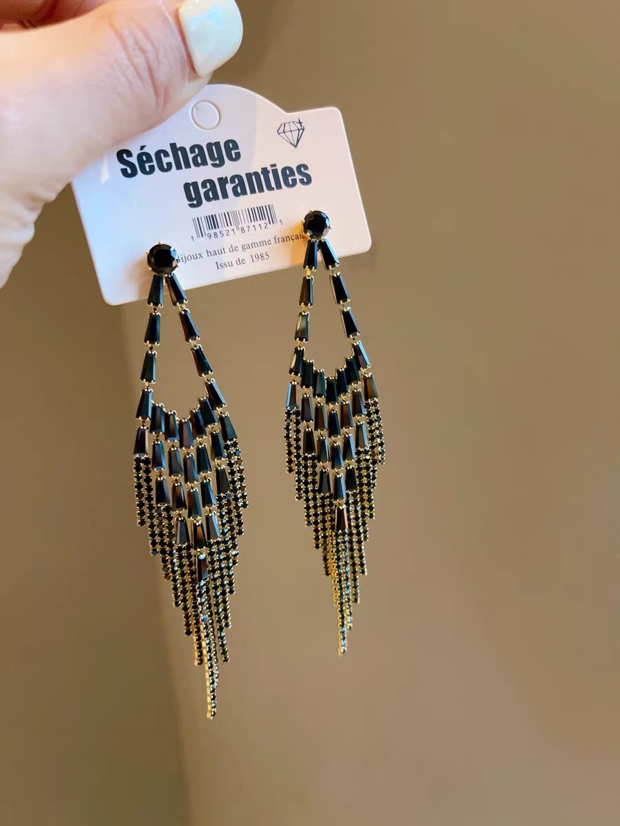 Long black zircon tassel earrings
