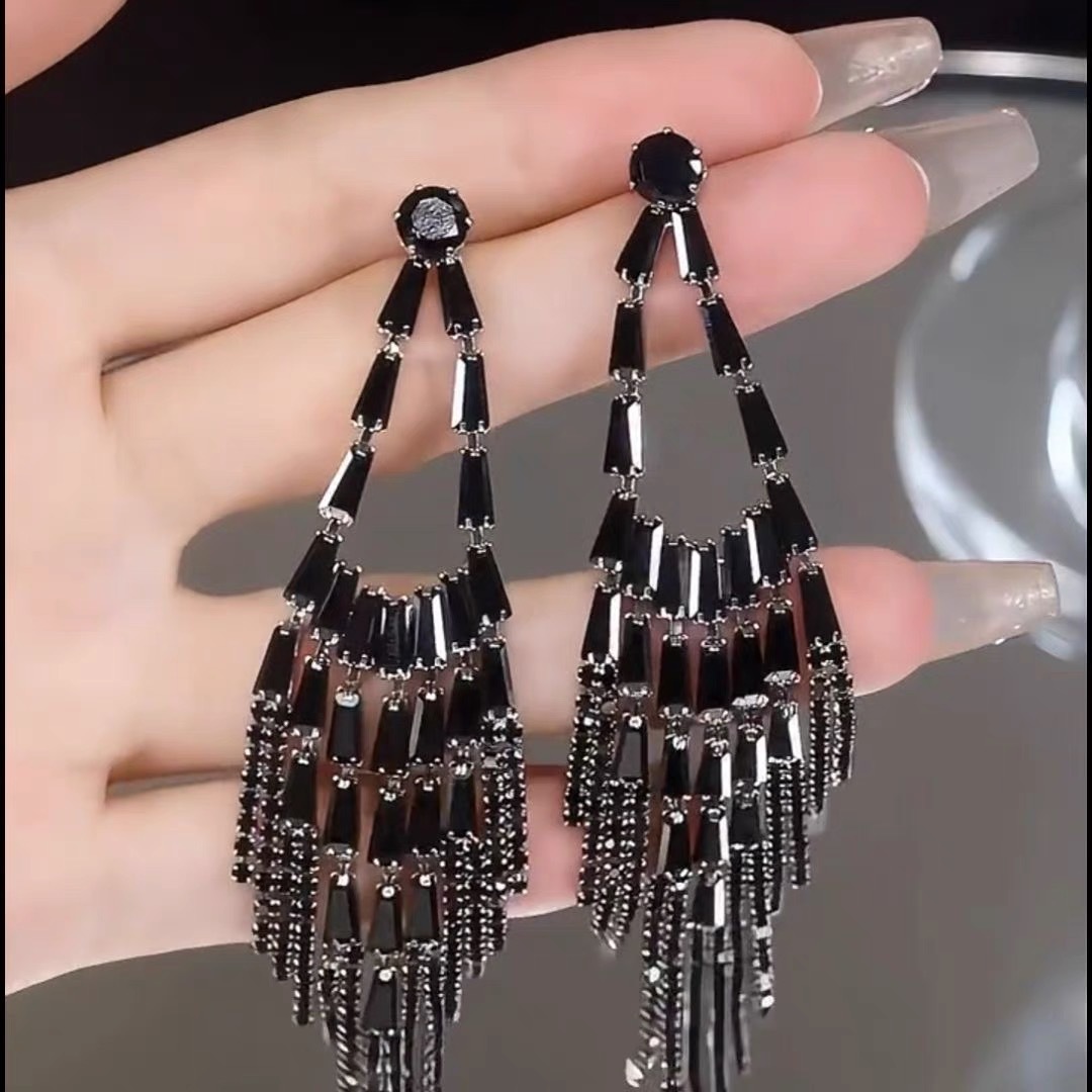 Long black zircon tassel earrings