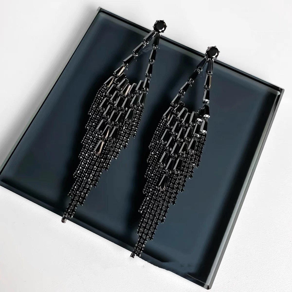 Long black zircon tassel earrings