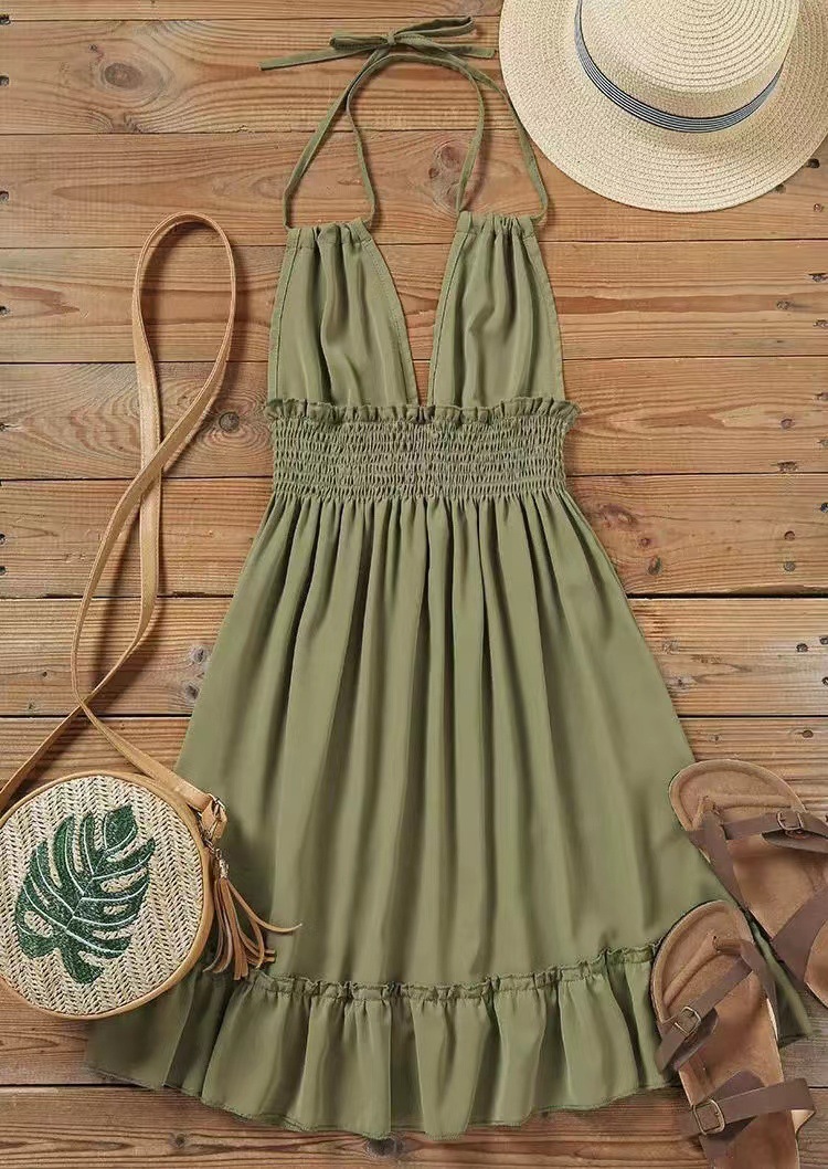 Women's Halter Neck Backless Party Dress with Shirred Waist and Ruffle Trim - Elegant and Flattering Cocktail Dress for Special Occasions