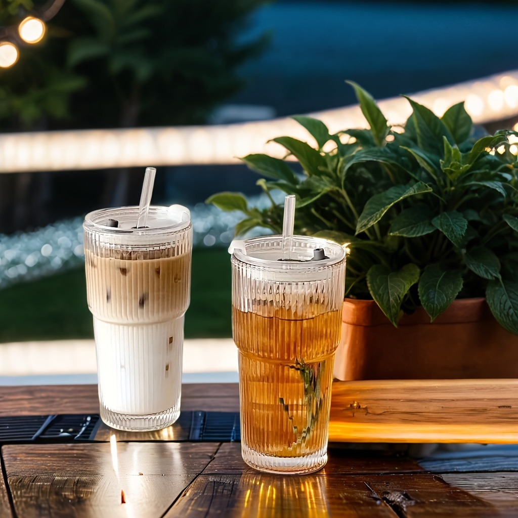 2pcs Ins Style Large Capacity Straw Cup with Lid Vertical Striped Coffee Cup Beverage Fruit Tea Cup 600Ml/20Oz, Used for Drinking Ice Water Coffee Fruit Tea Etc., Suitable for Daily Household, Parties, Cafes, Restaurants, Etc.
