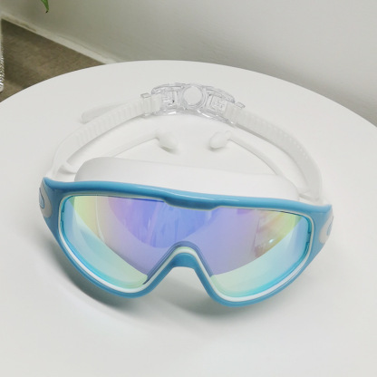 Adult swimming goggles, large frame electroplated waterproof and anti-fog one-piece earplugs