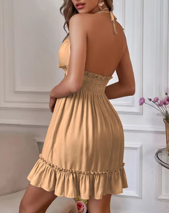 Women's Halter Neck Backless Party Dress with Shirred Waist and Ruffle Trim - Elegant and Flattering Cocktail Dress for Special Occasions